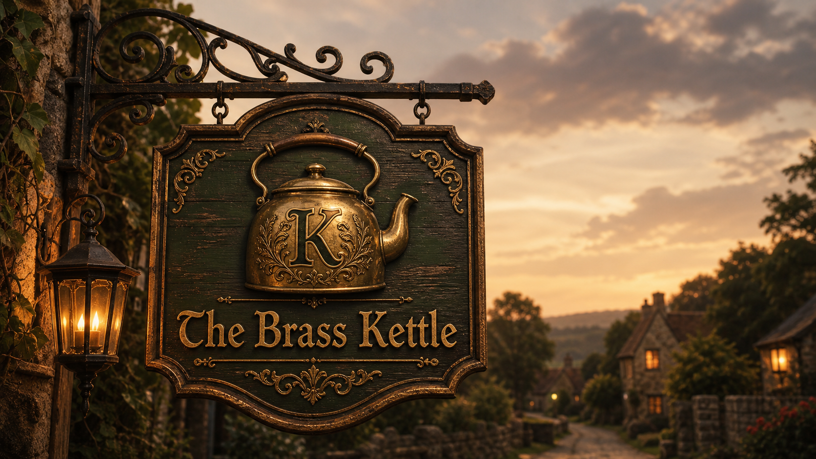 An old English inn sign with an ornate K crest for The Brass Kettle